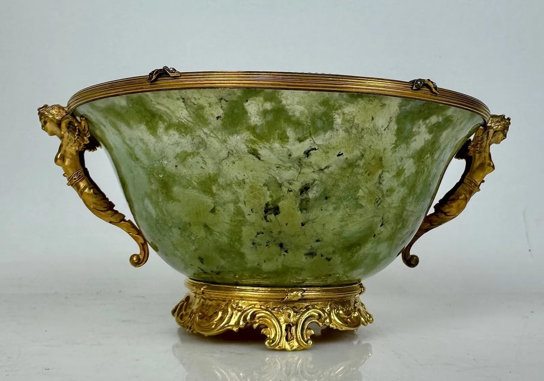 FABERGE GILT SILVER AND JADITE BOWL: Measures 5 inches d., 3 inches high. In good condition. Estimate $4000-5000