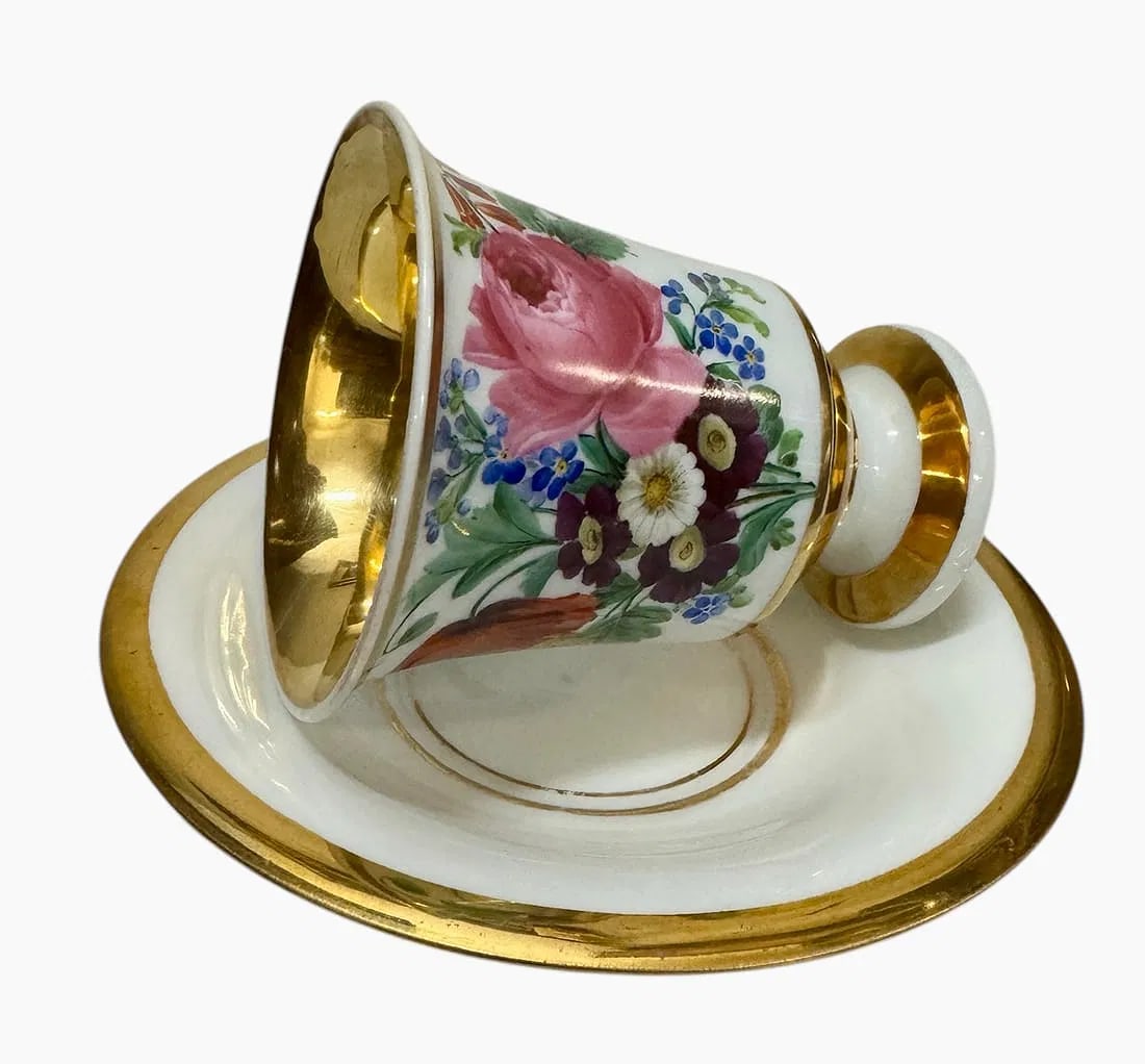 19TH C. MEISSEN CUP AND SAUCER: First quality. In perfect condition, minor loss of gold to saucer. Estimate $800-1000