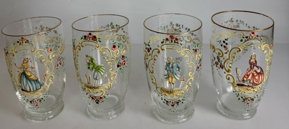 SET OF 4 ENAMELLED MOSER GLASSES: Circa 1900. Measure 5” h. In good condition. Estimate $300-400
