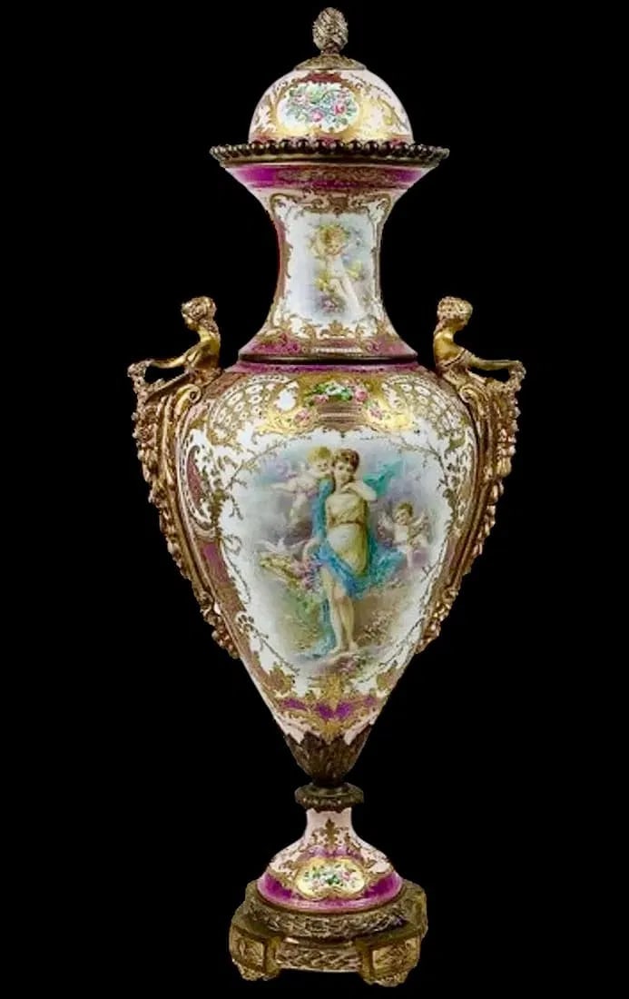 ART NOUVEAU ORMOLU MOUNTED SEVRES VASE COLLOT: A good art nouveau sevres vase, mounted with ormolu maiden handles , signed Collot . Measures 24 inches high. Estimate $5.000-6.000