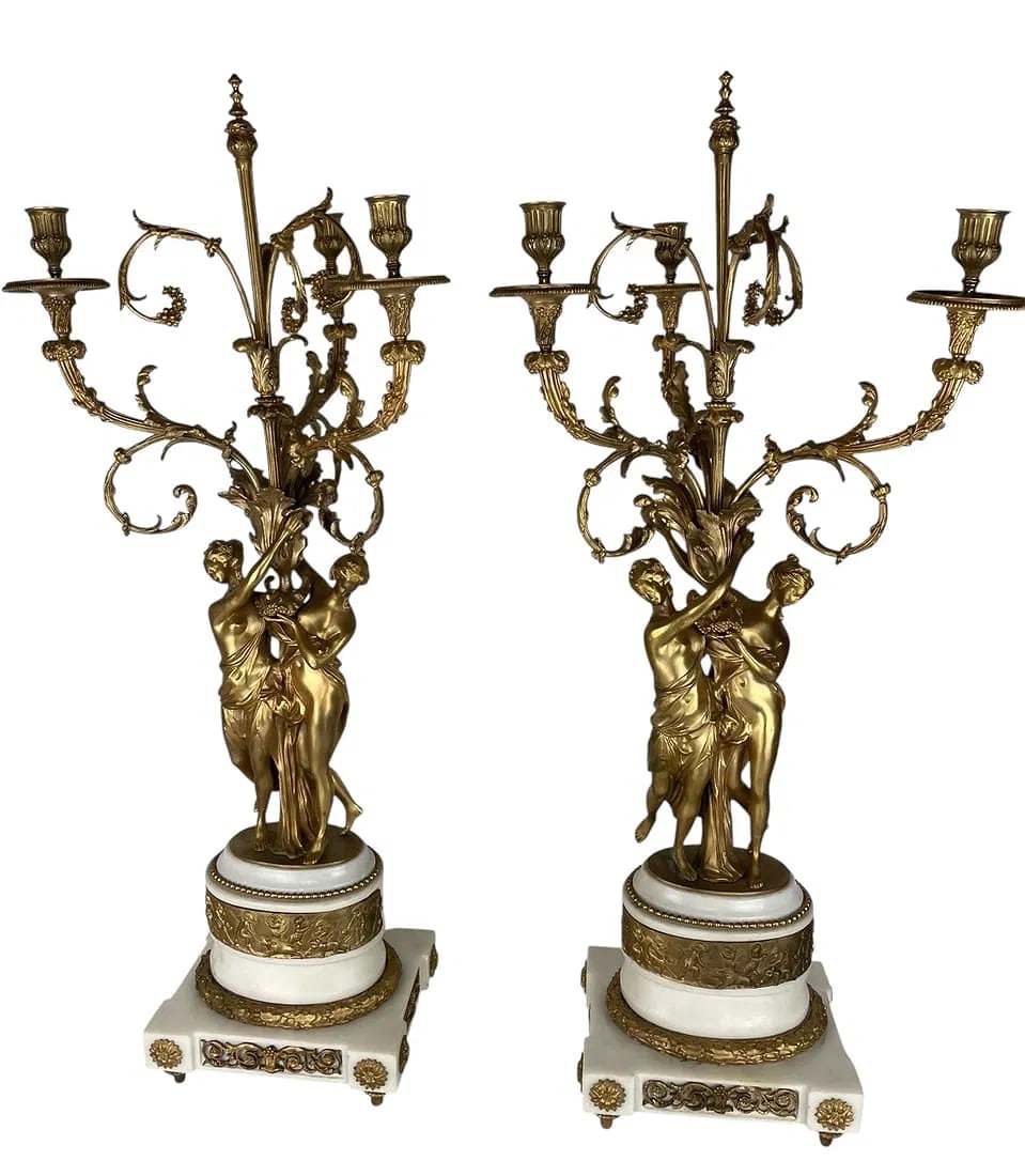 A LARGE PAIR OF 19TH C. ORMOLU AND MARBLE CANDELABRA: Circa 1880. Measure 35 inches high. Estimate $4000-5000