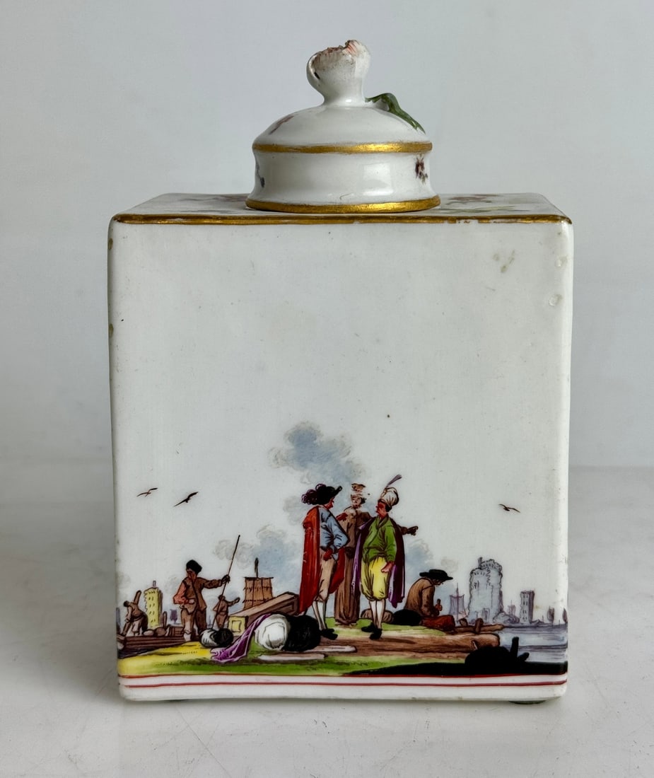 18TH C. CHINOISERIE MEISEN TEA CADDY: Circa 1835. Measures 4 inches l. Estimate $2000-2500