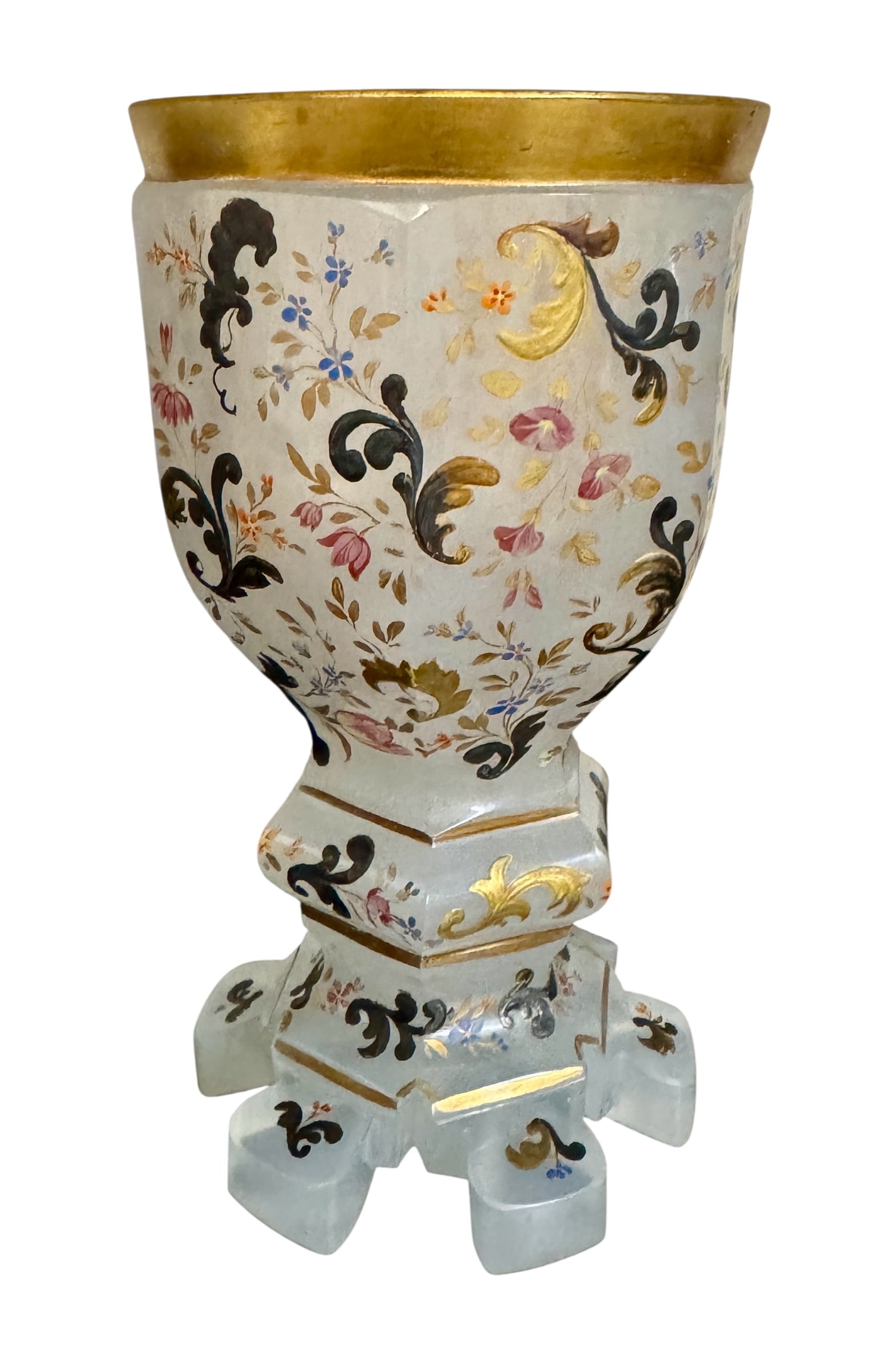 19THC. ENAMELLED AND GILT MOSER GLASS BEAKER: Circa 1920. Measures 5 inches Tall. In excellent condition. Estimate $800-1000