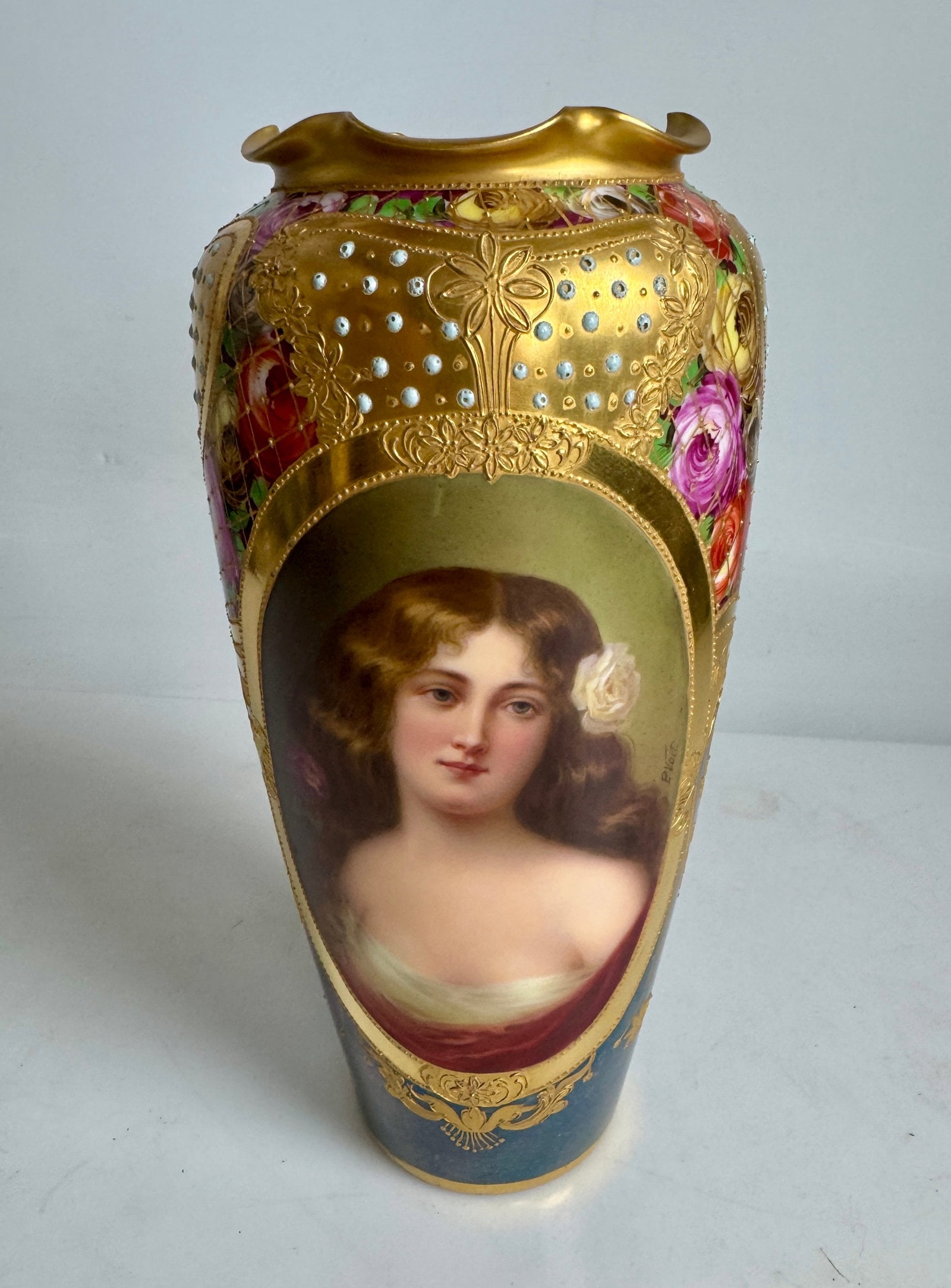 19TH C. JEWELLED ROYAL VIENNA PORTRAIT VASE: Singed Voit. Measures 9 inches h. Estimate $600-800