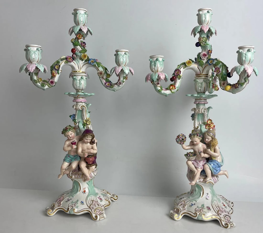 A PAIR OF 19TH C. MEISSEN CANDELABRA: Measure 20 inches high. In overall good condition. Estimate $2500-3000