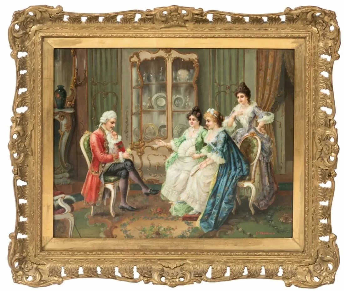 INTERIOR OIL PAINTING BY CLAUDE FERRAND: Circa 1900. Young courtship Oil on panel Signed bottom right. Measures 22.5 inches x 18.5 inches . Estimate $4.000-5.000