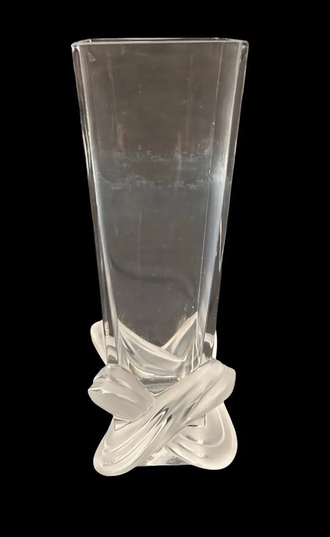 LALIQUE LUCCA VASE 11”: Lalique France Crystal Lucca Vase 11" Signed Interwoven Ribbon Frosted Base . In perfect condition. Estimate $800-1000