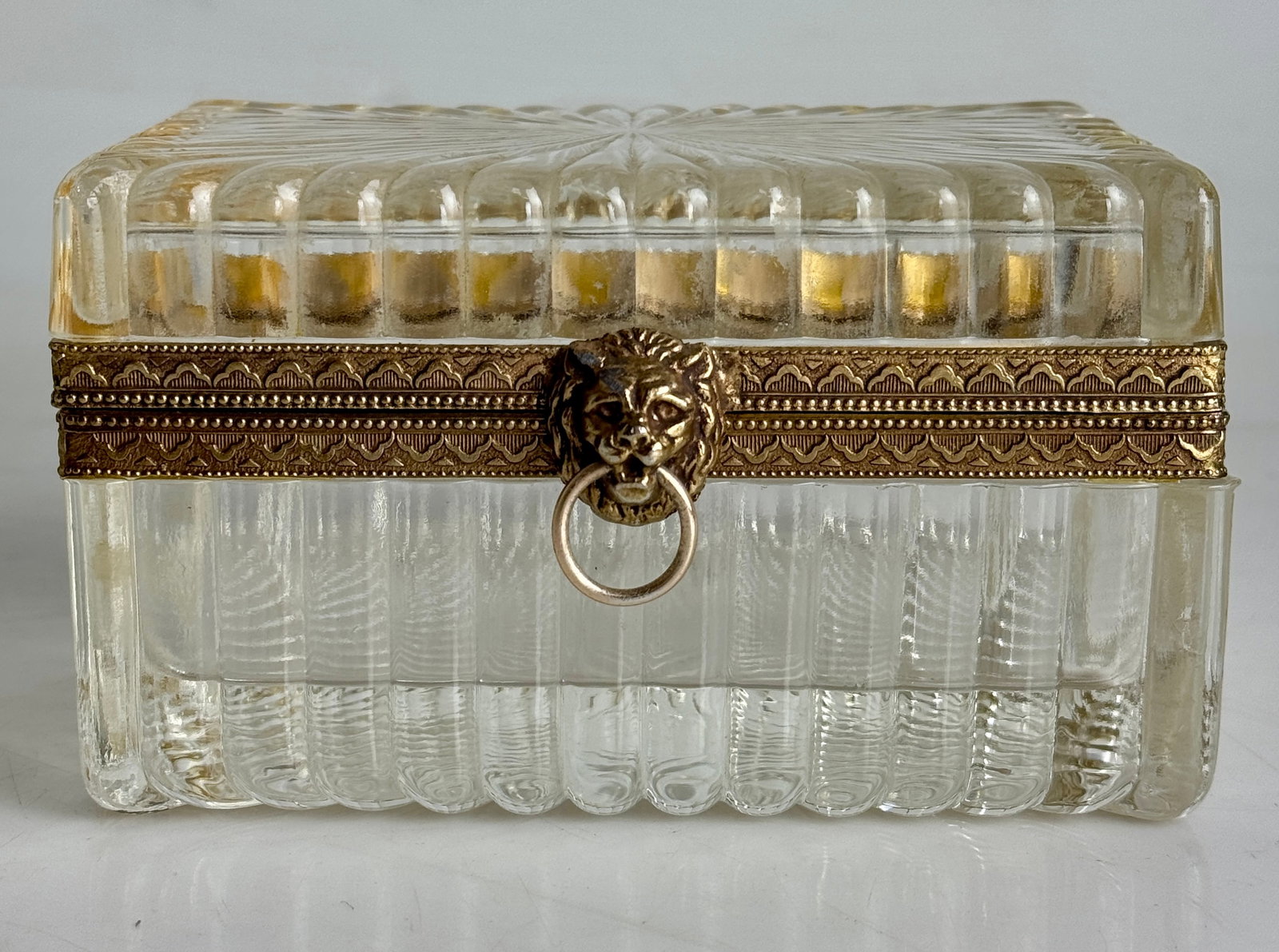 BACCARAT STYLE ORMOLU MOUNTED BOX: Measures 6” x 4” x 3” h. In excellent condition. Estimate $700-900