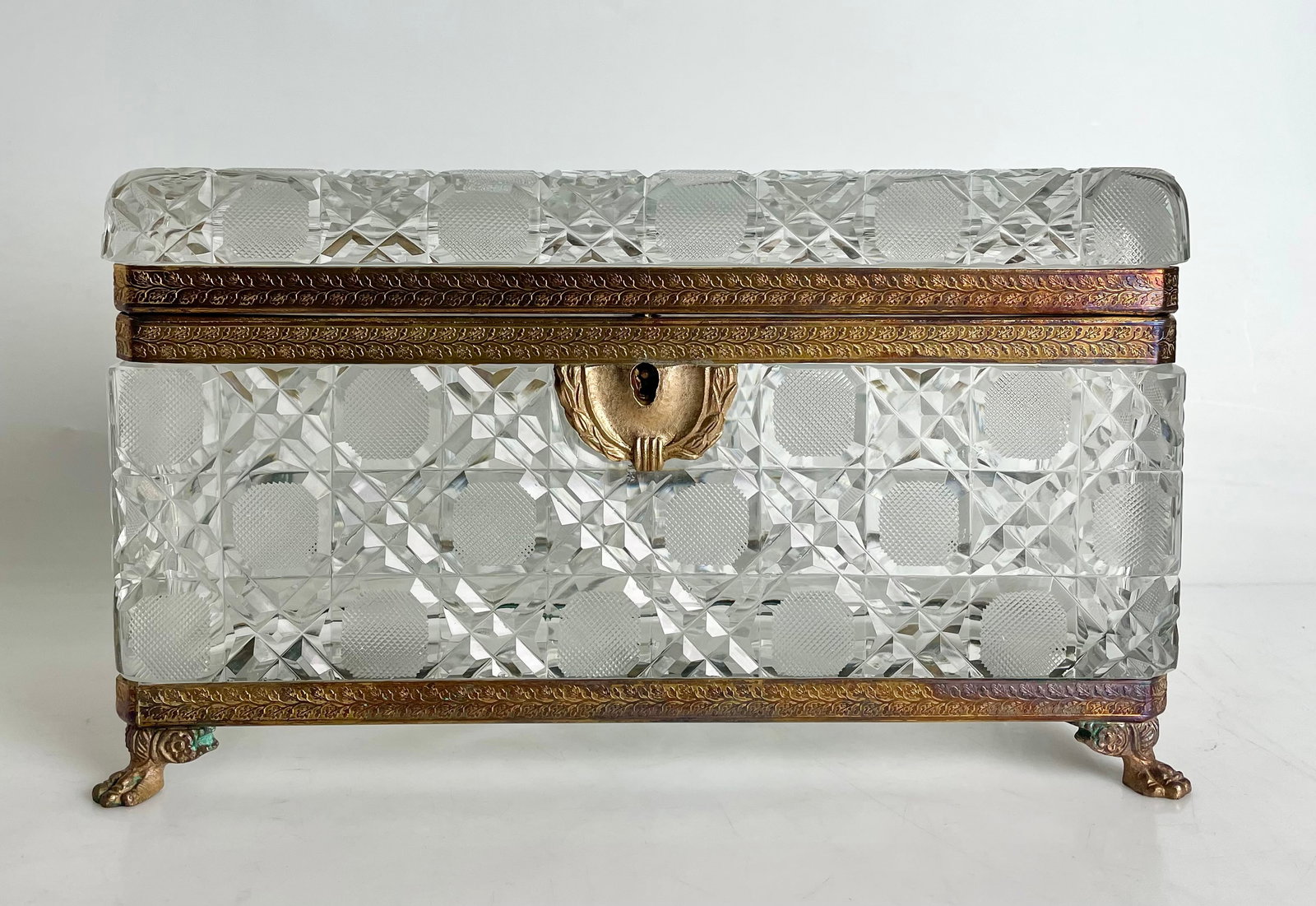 A LARGE ORMOLU MOUNTED BACCARAT CRYSTAL BOX: Circa 1850. Measures 10”x5”x 6” h. Crystal in excellent condition. Estimate $2500-3000