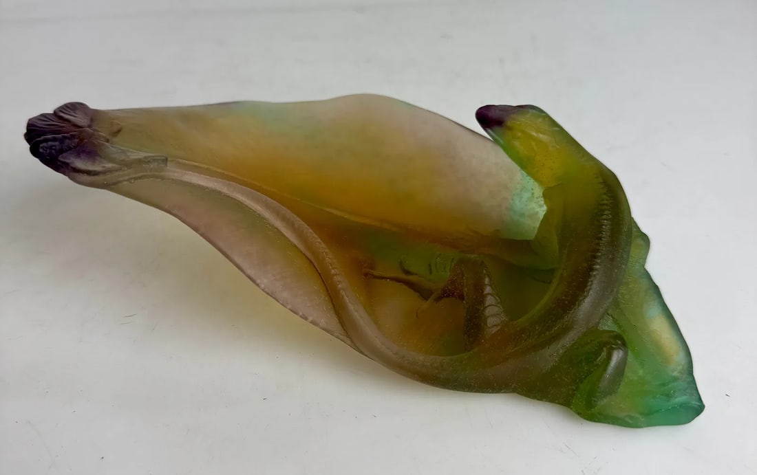 DAUM PATE DE VERRE DISH: Measures 7” l. I signed Daum France. In excellent condition. Estimate $600-800