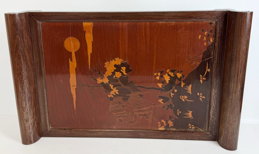 ART NOUVEAU GALLE STYLE INLAID WOOD TRAY: Circa 1930. Measures 25 inches long. In overall good condition, some age related cracks.Estimate $600-800