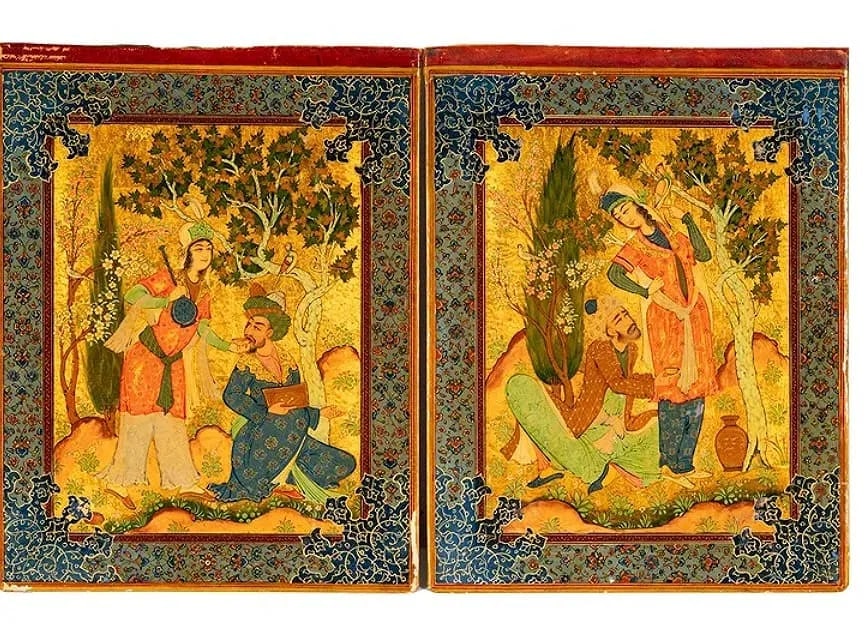 PERSIAN QAJAR PAPERMACHE BOOK COVER: in two parts; each painted in colors and gilt with a man and woman in a landscape Each board: 11 1/4 x 8 3/4 in. (28.6 x 22.2 cm.) Estimate $1000-1200