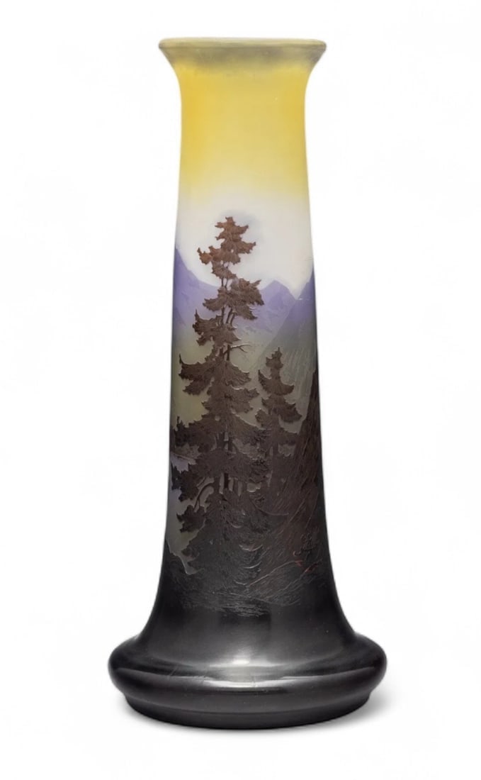 A LARGE GALLE SCENIC VASE: Gallé Landscape Vase, circa 1900 Cameo glass 14 inches. Very good condition. Estimate $4000-5000
