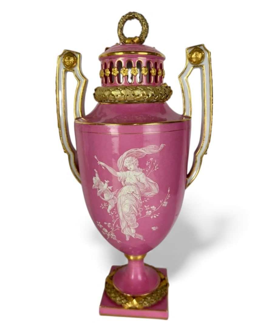 19TH C. MEISSEN FRENCH ENAMEL VASE AND COVER: First quality Meissen mark. Measures 13 inches tall. In excellent condition. Estimate $8000-10000