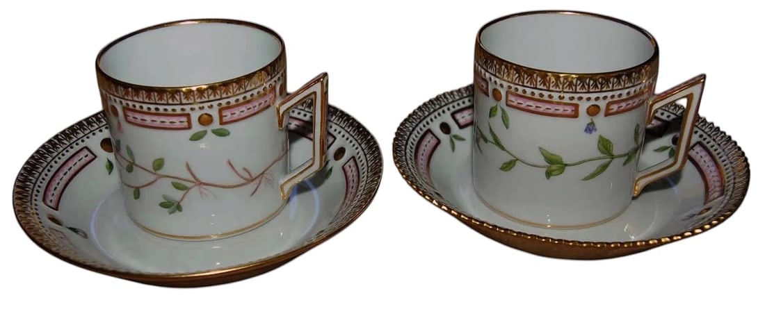 SET OF 2 FLORA DANICA CUP AND SAUCERS: Flora Danica set of TWO cups saucers Cranberry/Veronica flowers great condition.Estimate $2000-2500