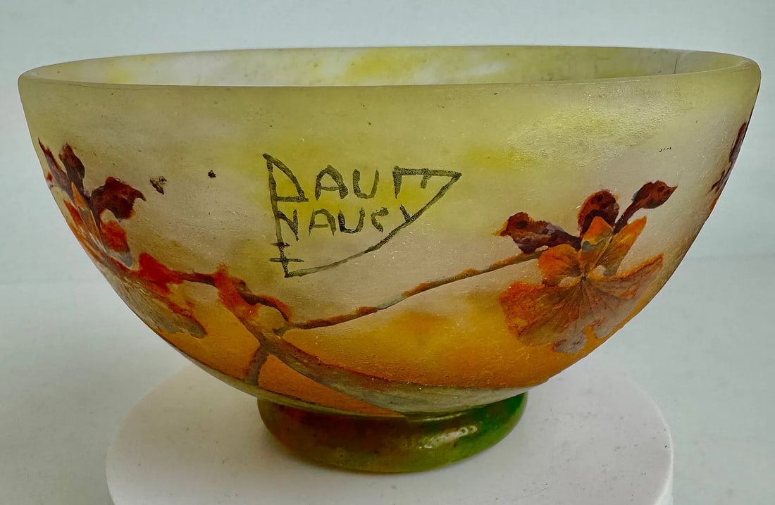 DAUM NANCY ENAMELED BOWL CIRCA 1900: Signed Daum France Dimensions3.00"H x 5.25" dia. In excellent condition. Estimate $1500-2000