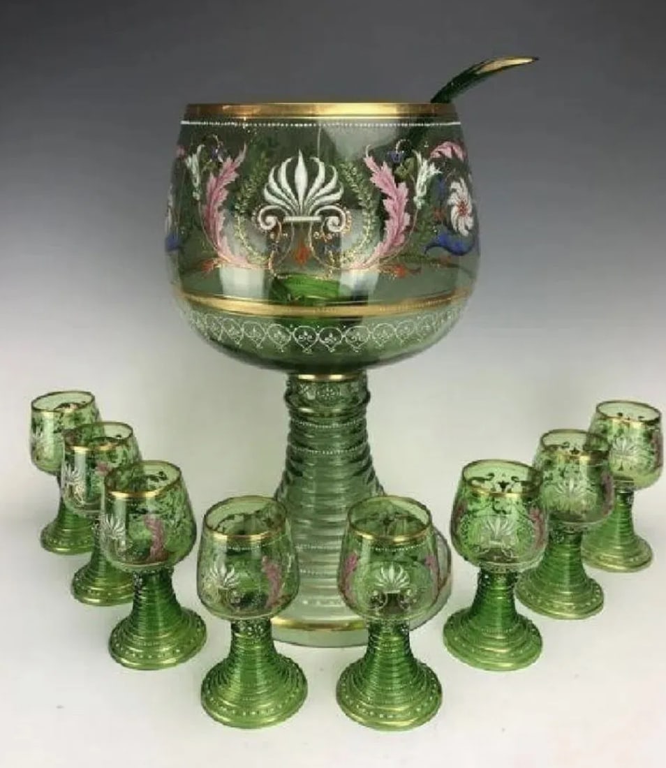 A MAGNIFICENT 19TH C. ENAMELLED MOSER PUNCH BOWL SET: Consisting of a large punch bowl 16" High , and 8 glasses. Estimate $4.000-5.000