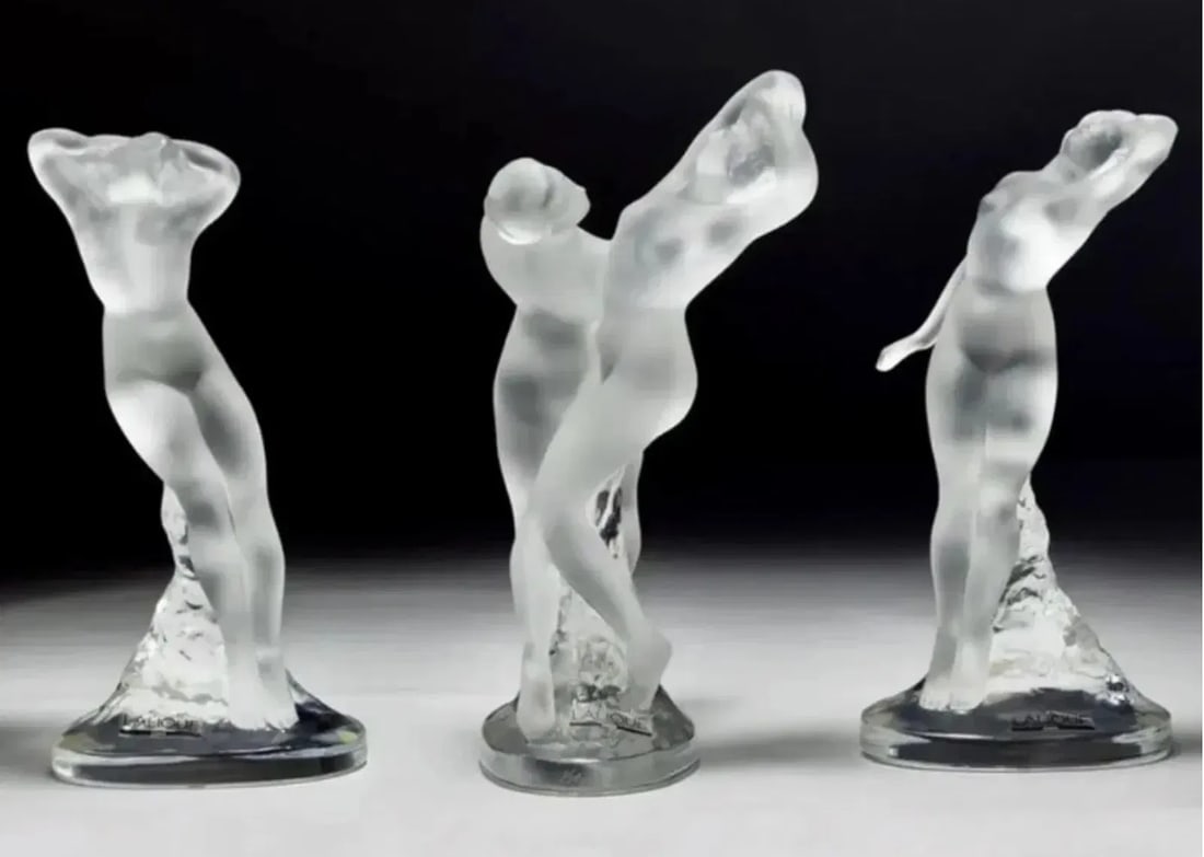 LALIQUE TRIO DANCERS: All signed Lalique France. Tallest 10 inches h. All in good condition. Estimate $2000-2500