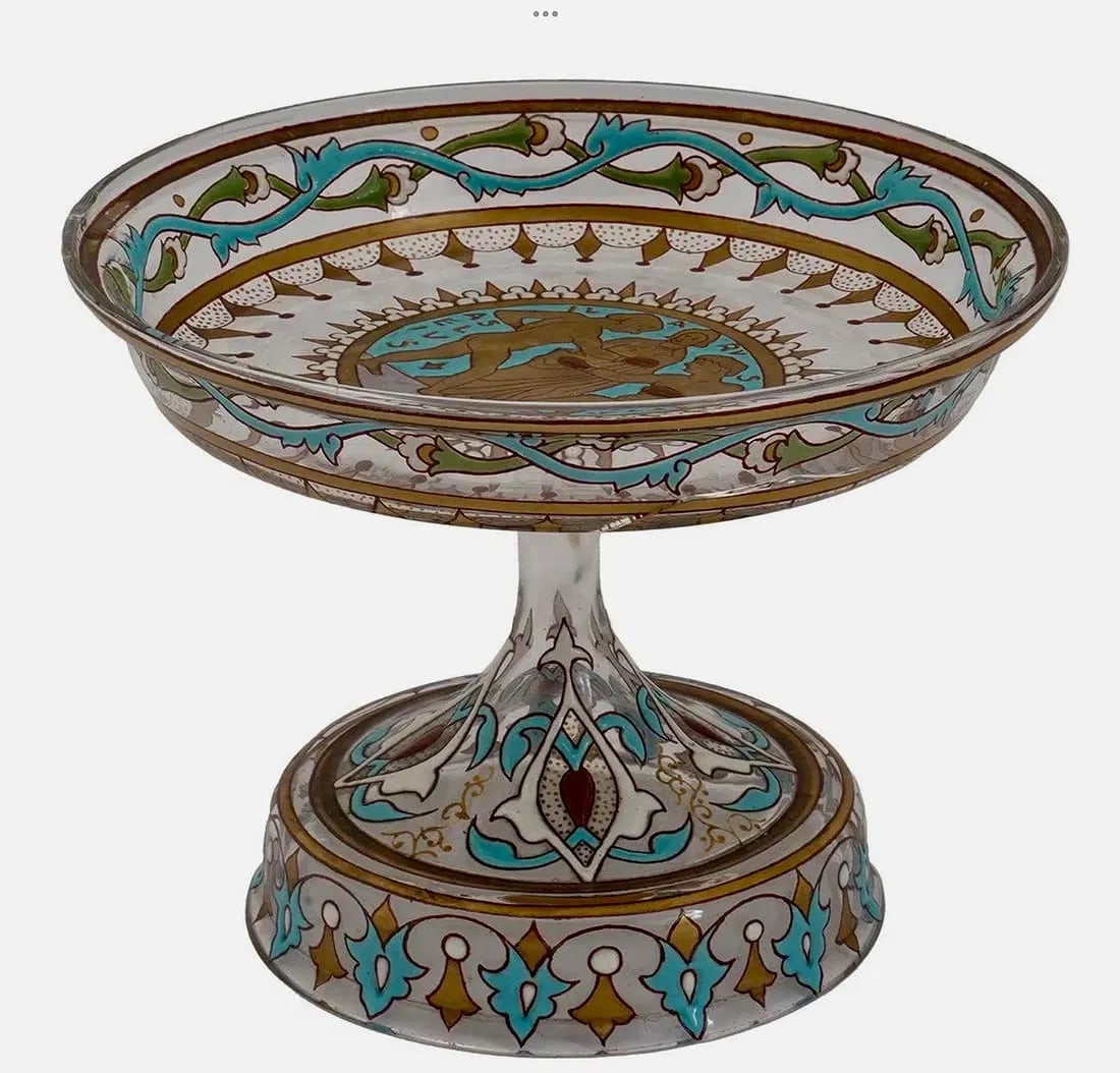 FRENCH ENAMEL ART GLASS BOWL BY J P IMBERTON: The chalice is raised on a flaring circular feet. Signed and dated, J.J. Imberton 1883, to the center. In excellent condition. Estimate $800-1000