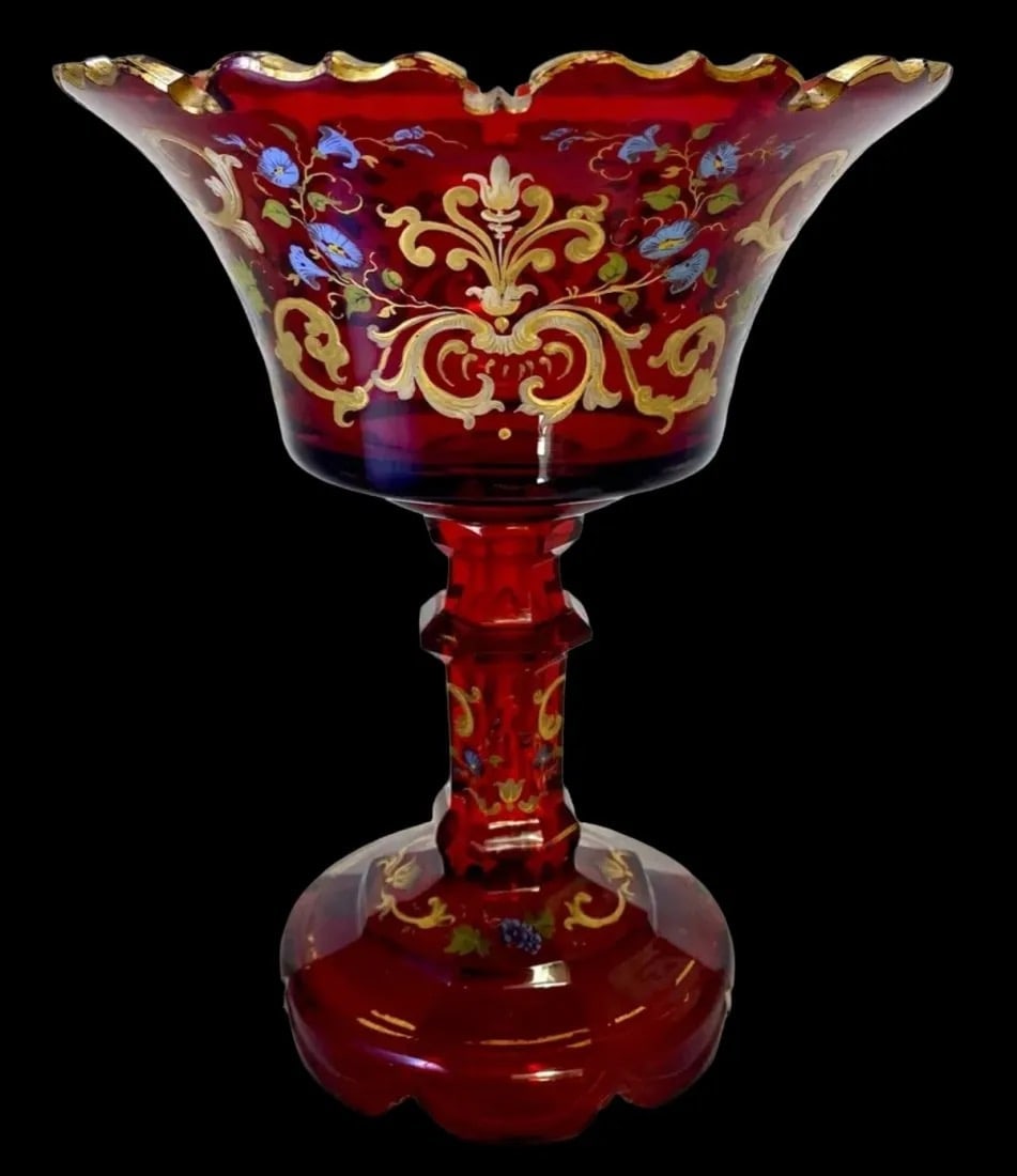 19TH C. ENAMELLED BOHEMIAN GLASS TAZZA: Erasures 8 inches diameter, 6.5 inches tall. In good antique condition. Estimate $800-1.000