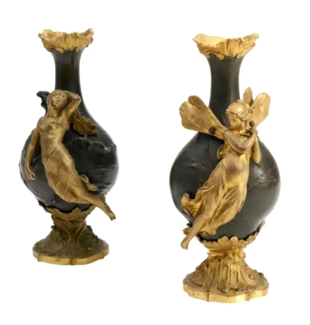 PAIR OF ART NOUVEAU BRONZE VASES CHARLES GEORGES FERVILLE-SUAN: Pair of French Gilt and Patinated Bronze Fairy Vases, after a model by Charles Georges Ferville-Suan (French, 1847-1925)in the Art Nouveau style, each with a central fairy figure against a floral grou