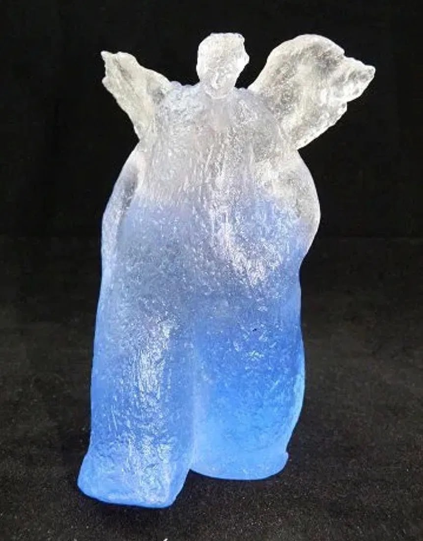 DAUM FRANCE PATE DE VERRE ART GLASS ANGEL FIGURE: Beautiful Daum Graceful Seraphin blue Limited Edition art glass angel figure. Auction includes original box. Designed by Pascale Boucholzer. Measures 6 inches height (15.24cm). In excellent