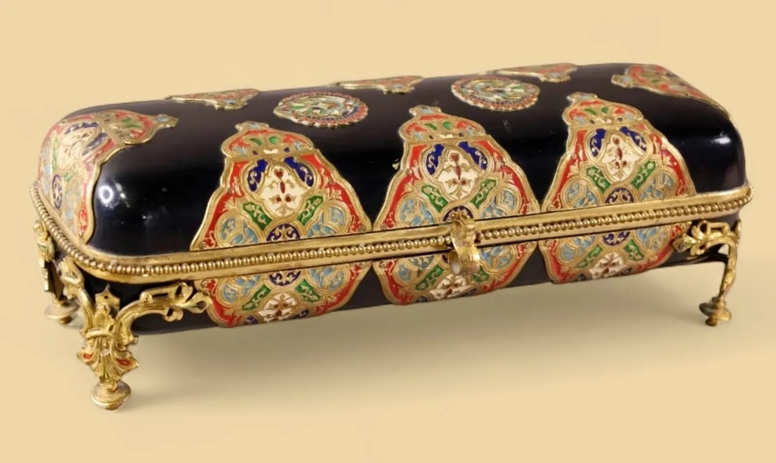A LARGE FRENCH CHAMPLEVE ENAMEL BOX: Circa 1900. Measures 12 inches x 4 inches x 5 inches h. Estimate $1500-2000