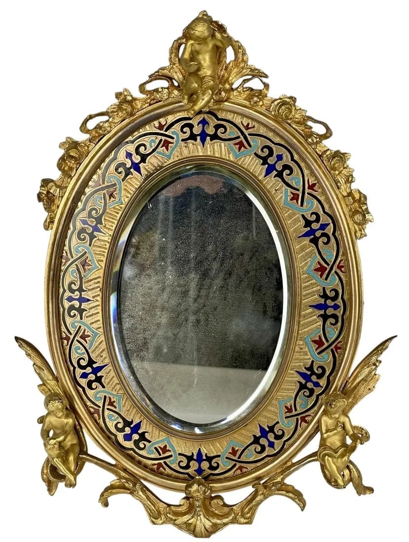 19TH C. FRENCH CHAMPLEVE ENAMEL BRONZE MIRROR: Measures 10 inches high. In good antique condition. Estimate $1.000-1.200