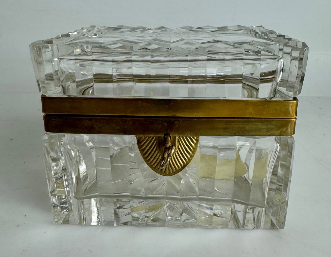 ORMOLU MOUNTED BACCARAT CRYTAL BOX: Circa 1900. Measures 5.5”((x4” x 4” h. In good used condition. Estimate $1200-1500