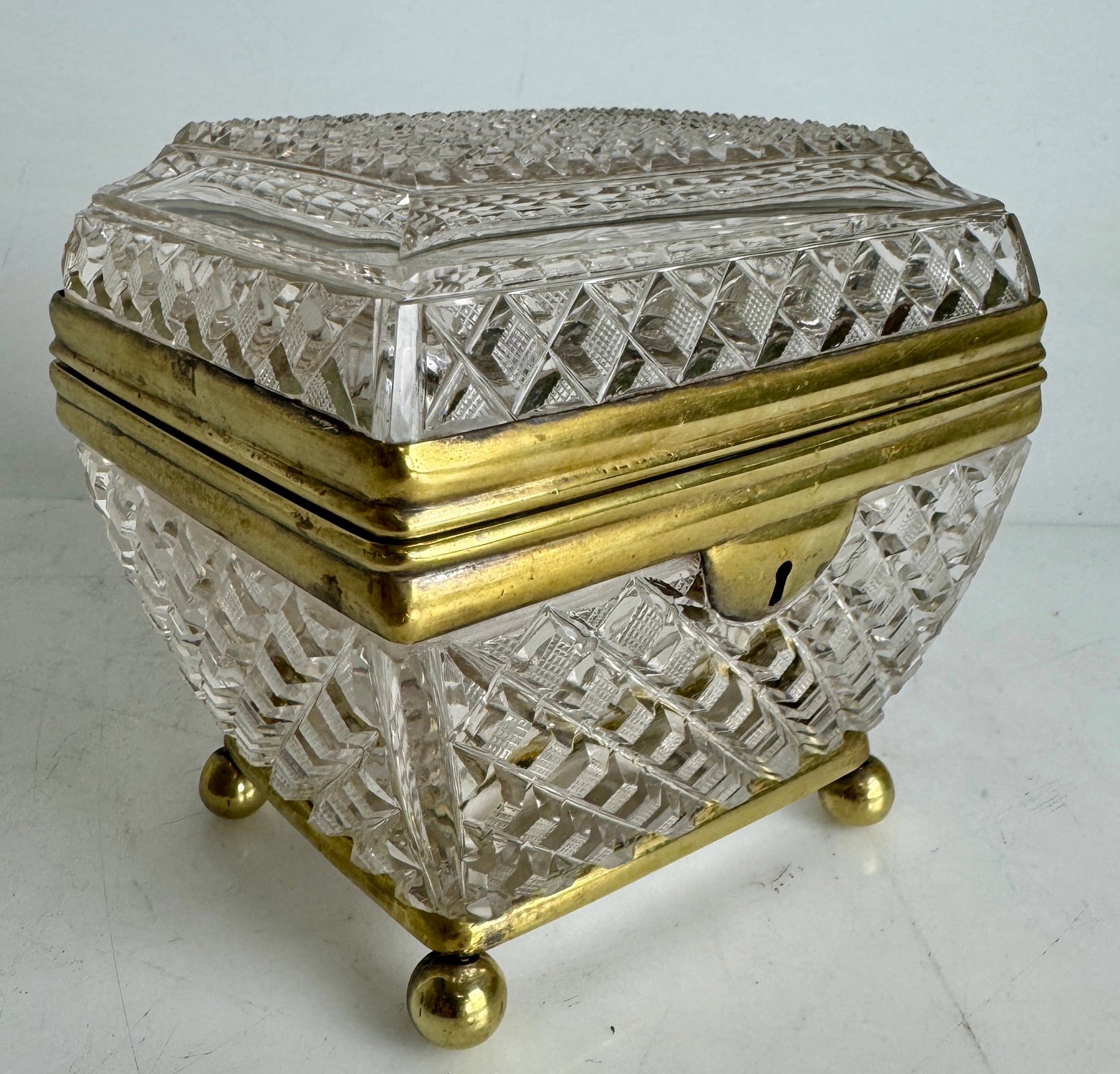 ORMOLU MOUNTED BACCART CRYSTAL BOX: Circa 1900. Measures 5.5”x5.5”x5.5”. In good condition. Estimate $1000-1200