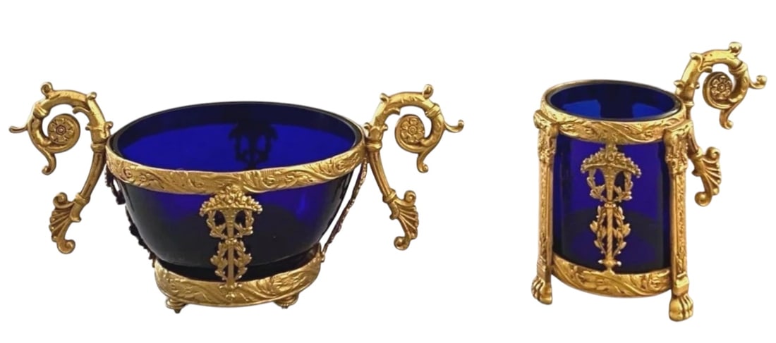 2 PIECES ORMOLU MOUNTED BACCARAT ITEMS: Circa 1900. Bowl measures 8” from Handel to Handel . In good condition. Estimate $1000-1200