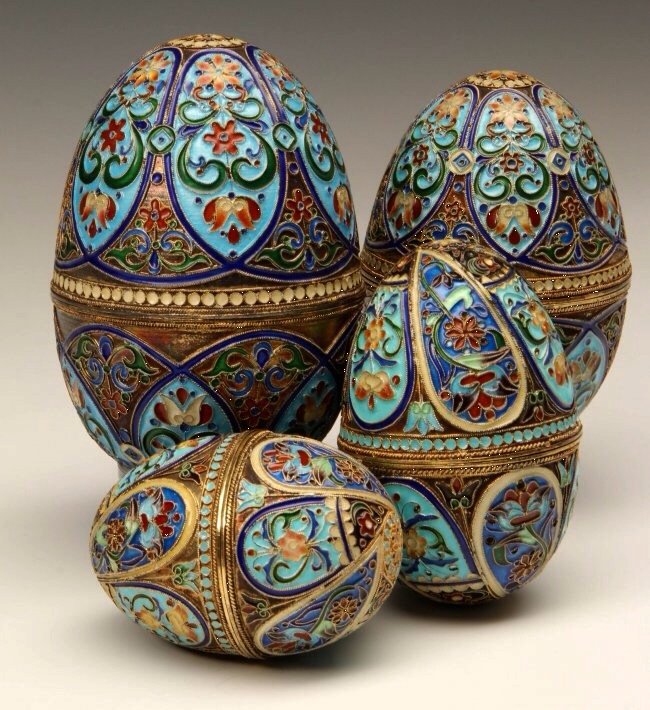 4 RUSSIAN GOLD OVER SILVER ENAMEL EGGS (1 of 2)