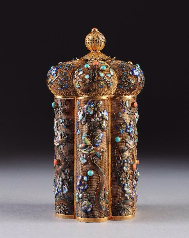 CHINESE SILVER ENAMEL CORAL TEA CANISTER (1 of 2)