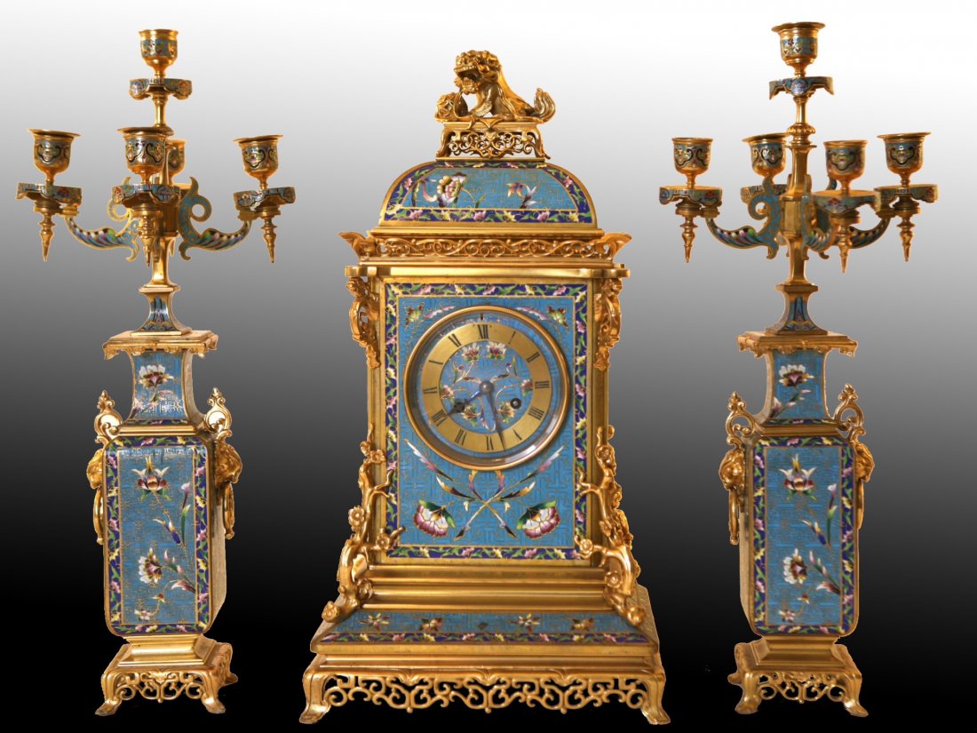 19TH CENTURY CHAMPLEVE ENAMEL CLOCK SET (1 of 3)