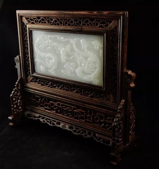 CHINESE WHITE JADE AND CARVED WOOD SCREEN (1 of 3)