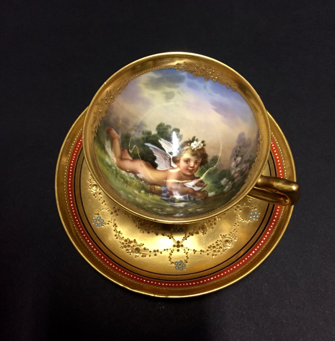 19TH CENTURY DRESDEN INTERIOR PAINTED CUP & SAUCER (1 of 3)