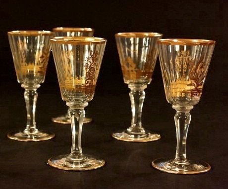 A SET OF 5 RUSSIAN POTEMKIN EMPERIAL GLASS CORDIALS (1 of 2)
