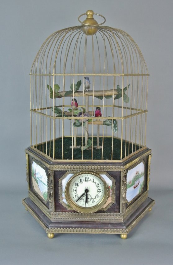 LARGE ENAMEL AUTOMATON SINGING BIRD CAGE CLOCK (1 of 3)