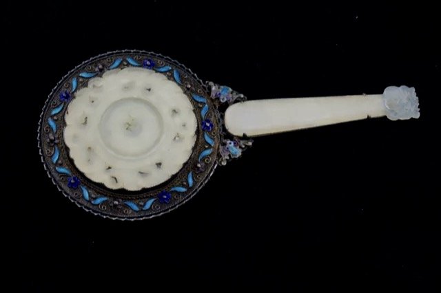 CHINESE SILVER ENAMEL AND WHITE JADE MIRROR (1 of 4)