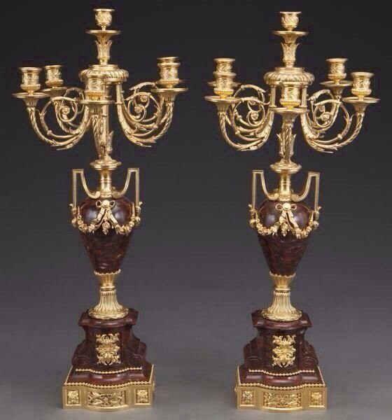 A PAIR OF ORMOLU AND ROUGES MARBLE CANDELABRA (1 of 2)