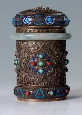 CHINESE SILVER ENAMEL & WHITE JADE TEA CANISTER (1 of 3)