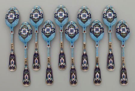 SET OF TEN 19TH CENTURY RUSSIAN SILVER ENAMEL SPOONS (1 of 3)