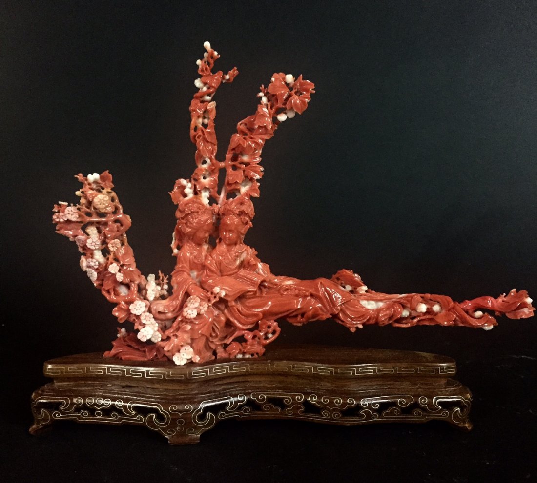 A LARGE CHINESE CARVED RED CORRAL (1 of 5)