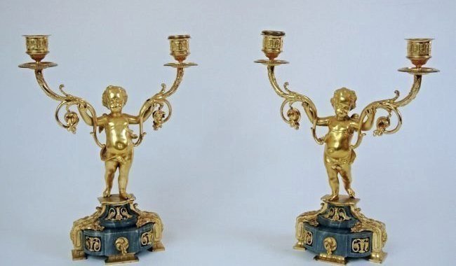 A VERY FINE PAIR OF ORMOLU AND MARBLE CANDELABRA (1 of 3)
