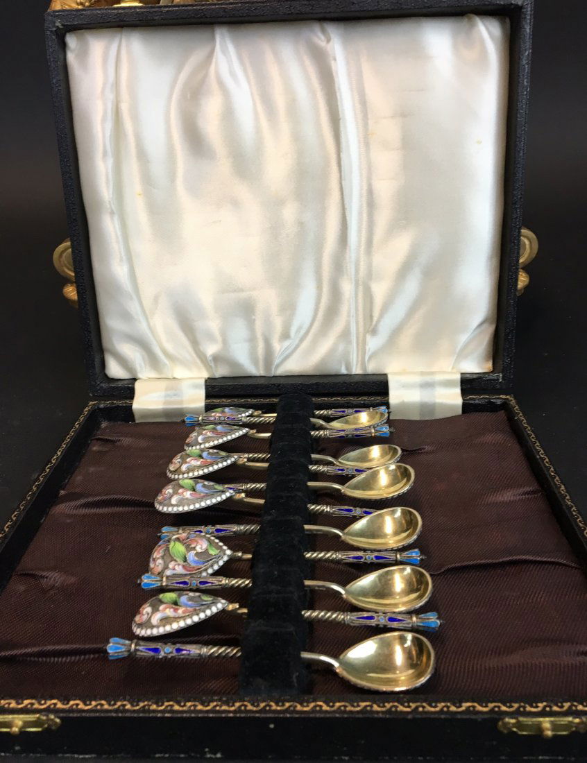 A SET OF 12 RUSSIAN ENAMEL SILVER GILT SPOONS (1 of 6)