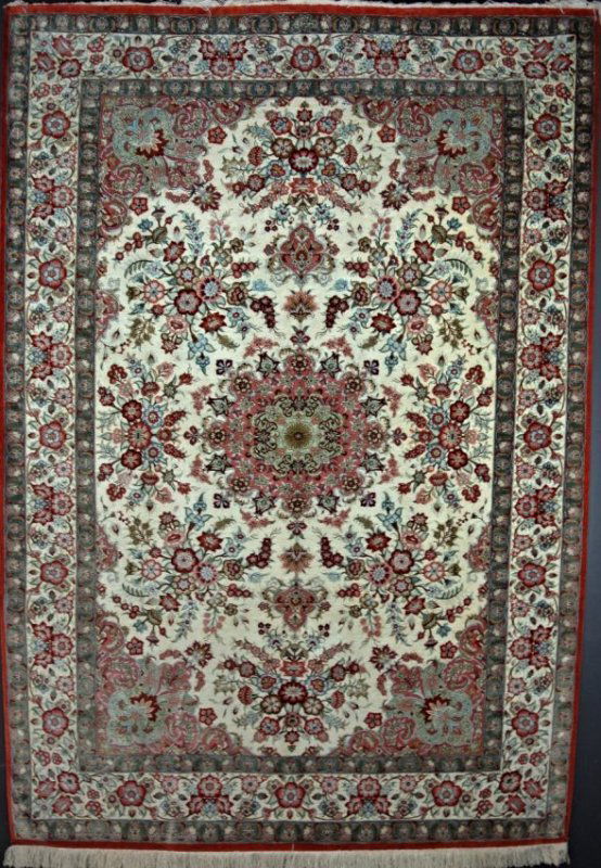 A VERY FINE ARTIST SIGNED SILK QUM RUG (1 of 2)