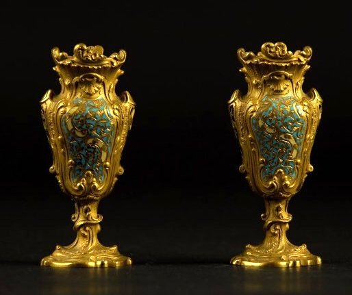 A PAIR OF 19TH CENTURY CHAMPLEVE ENAMEL ORMOLU VASES (1 of 4)