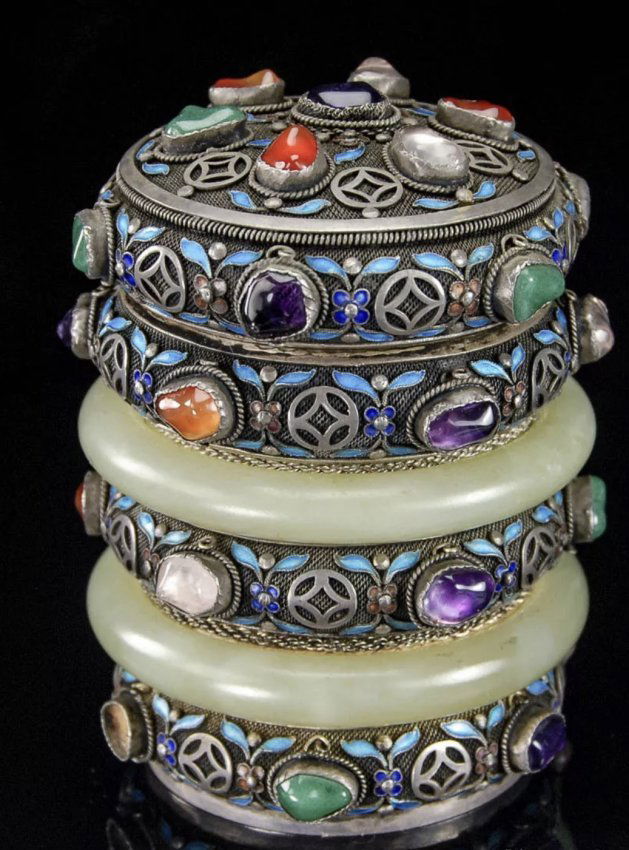 CHINESE SILVER AND ENAMEL AND JADE TEA CADDY (1 of 2)