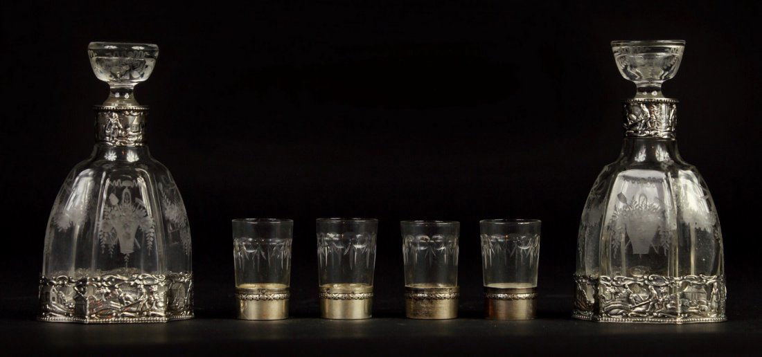 A GERMAN SILVER AND ETCHED GLASS LIQUOR SET (1 of 1)