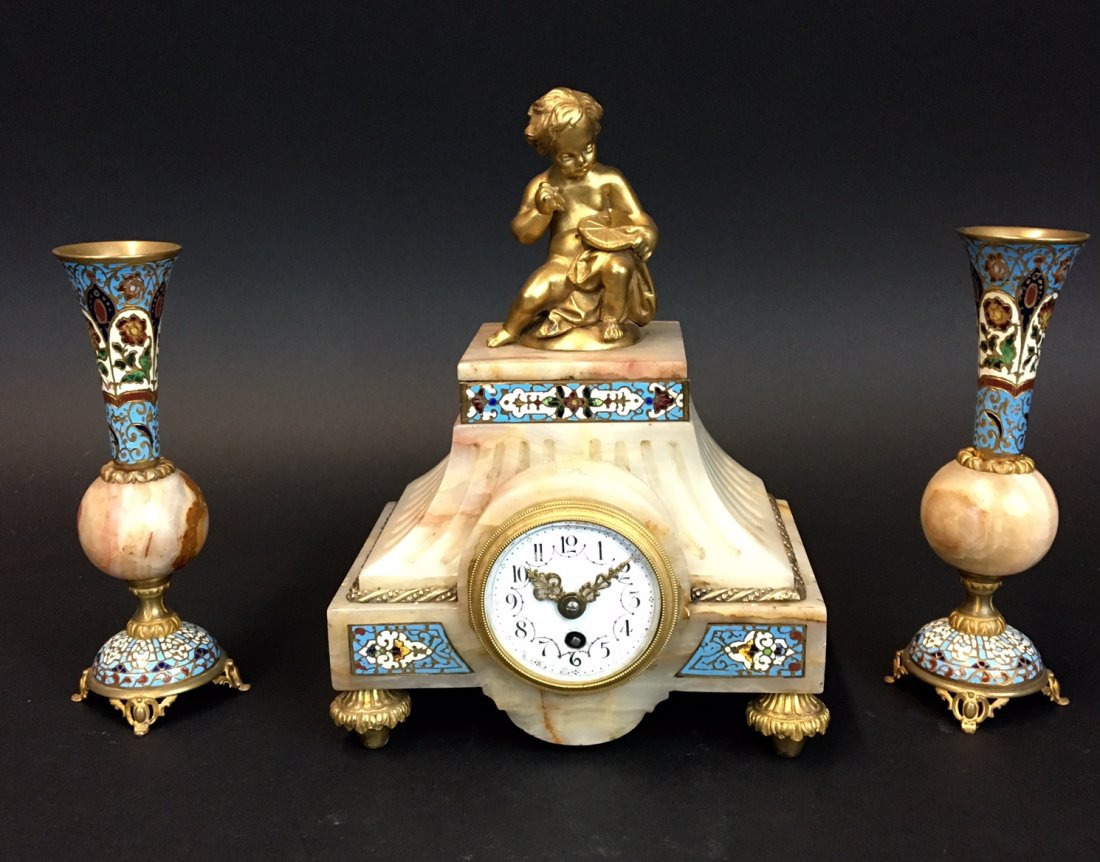 19TH CENTURY CHAMPLEVE ENAMEL AND MARBLE CLOCK SET (1 of 2)